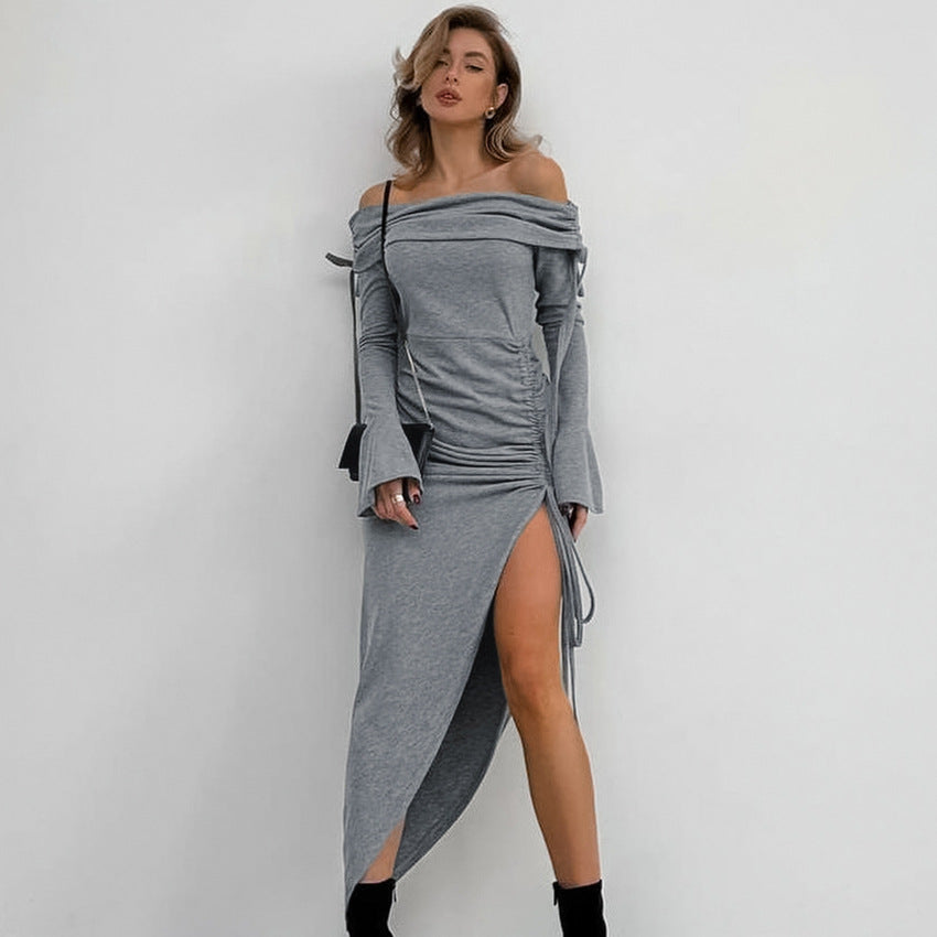 Sunken Stripe Sexy off Neck Slim Fit Sheath Split Flare Sleeve Dress Autumn Long Women Bella Mia