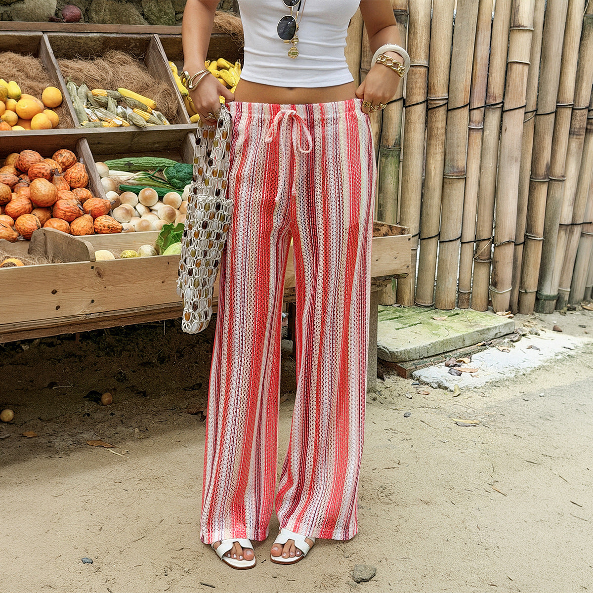 Women Clothing Summer Bohemian High Waist Drawstring Striped Hollow Out Cutout Wide Leg Pants