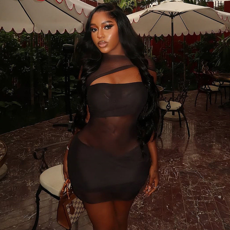 Personality Hipster Women Clothing Sexy See through Slim Hip Skirt Hollow Out Cutout High Collar Solid Color Short Dress Bella Mia