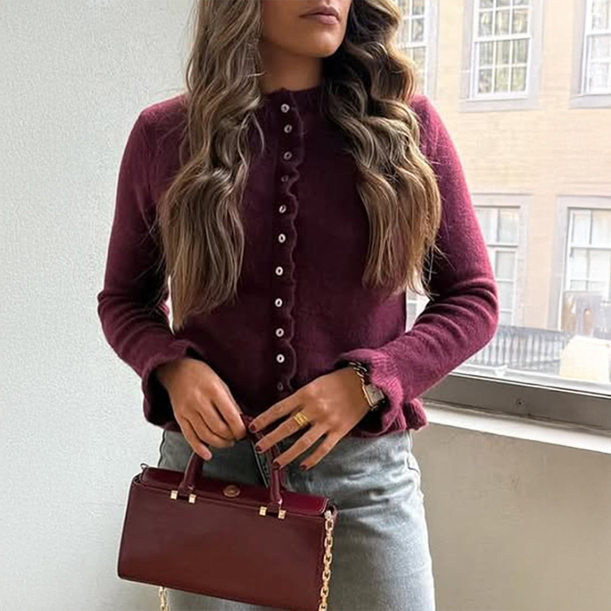 Casual Vacation Solid Color Wool Button Long Sleeved Top Sweaters Women Clothing Autumn Winter Bella Mia