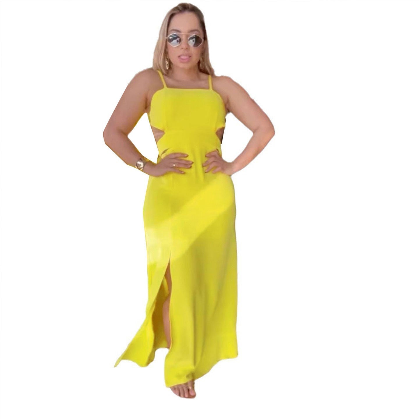 Women Solid Color Sleeveless Split Hip Strap Backless Dress Bella Mia