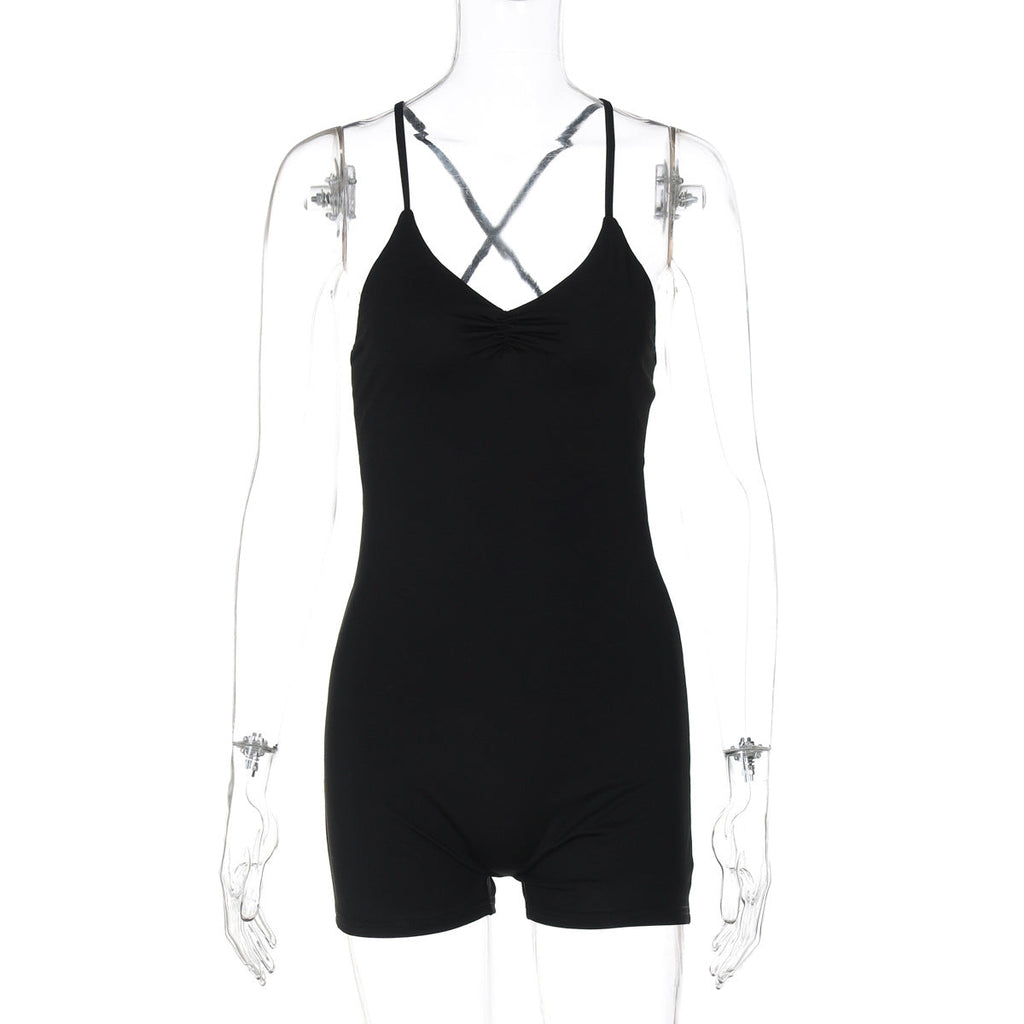 Women Clothing Summer Solid Color Sling Backless Fitness Yoga Tight Jumpsuit Bella Mia