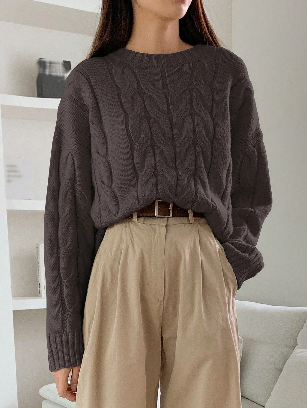 Autumn Winter Women Cable Knit Pullover Sweater Loose round Neck Solid Color All Matching Trendy Knitwear Top Bella Mia