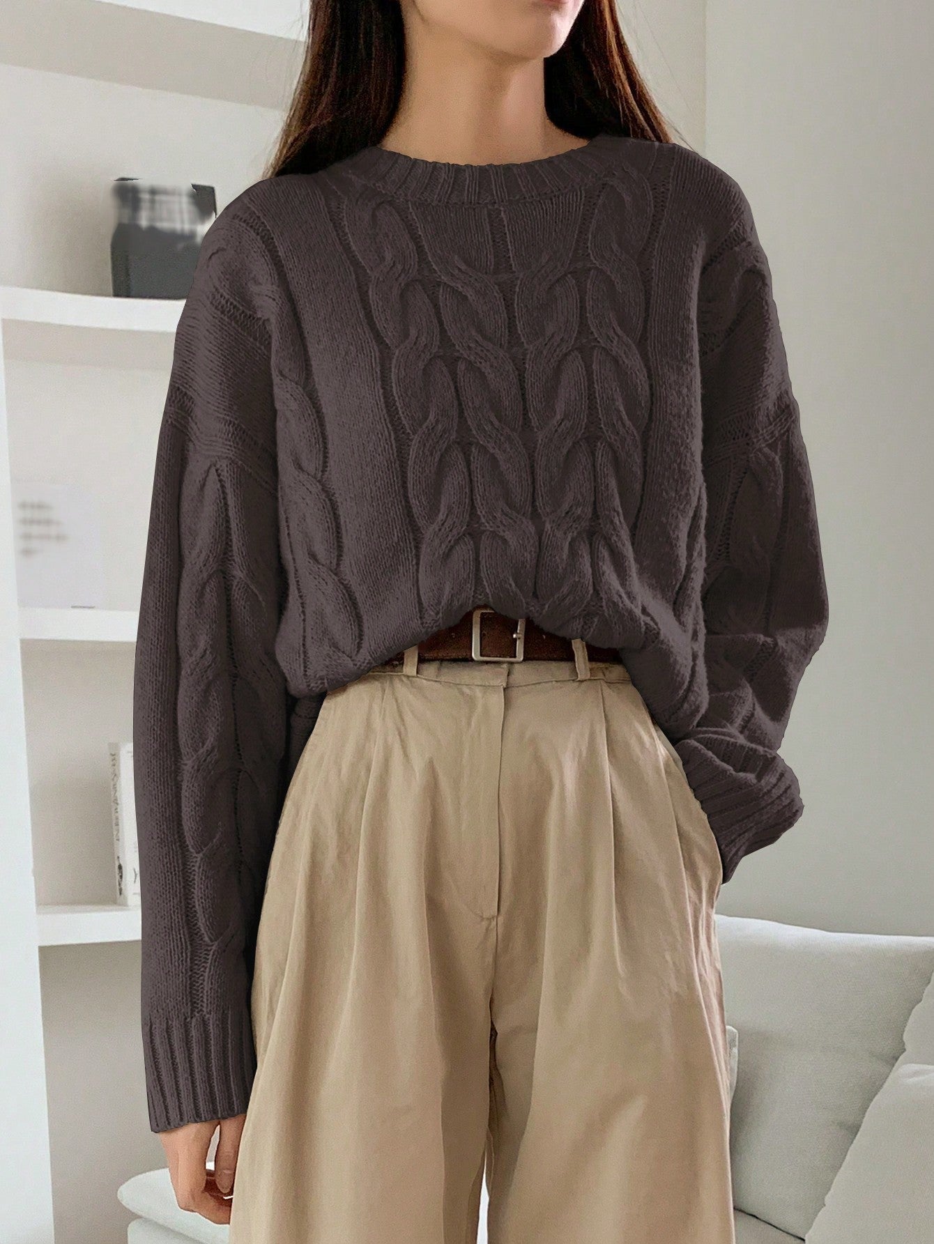Autumn Winter Women Cable Knit Pullover Sweater Loose round Neck Solid Color All Matching Trendy Knitwear Top Bella Mia