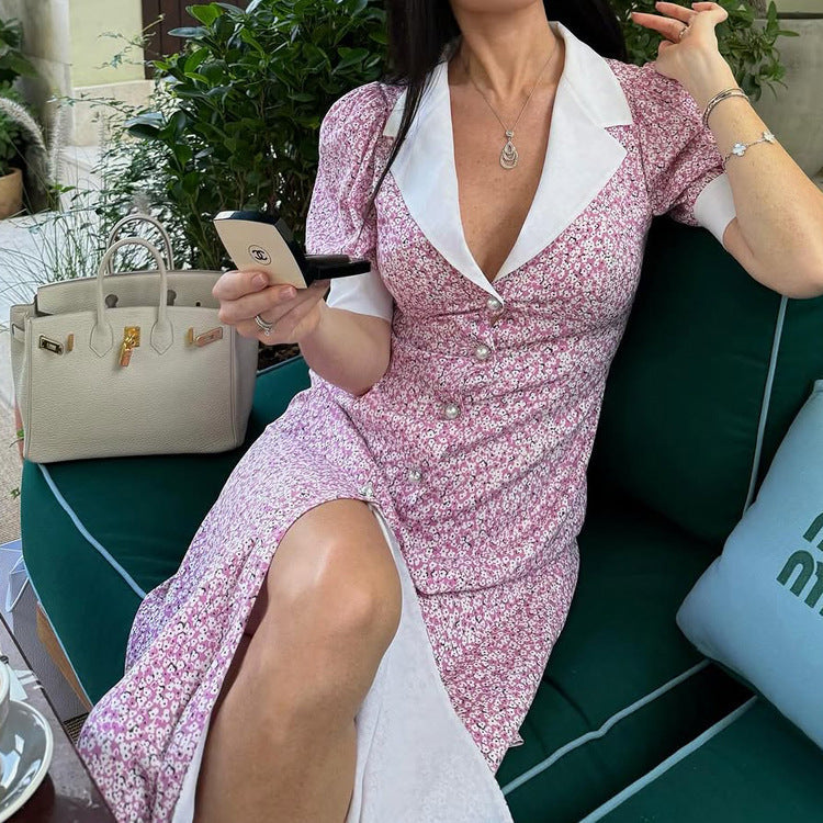 Elegant Floral Dress Summer Polo Collar Short Sleeve High Waist Print A line Dress for Women Bella Mia