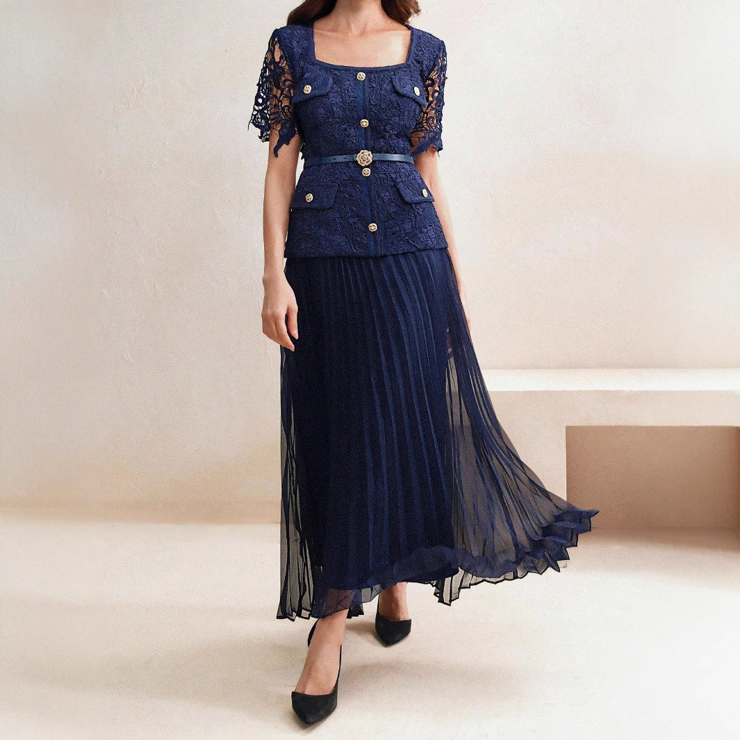 Summer Short Sleeve Dress Women High Grade Heavy Industry Beads Metal Buckle Square Collar Lace Stitching