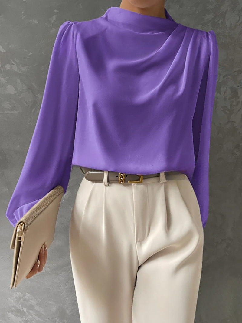 Solid Color Pleated Women Shirt Elegant Pullover Satin Top Office Long Sleeve Top Bella Mia