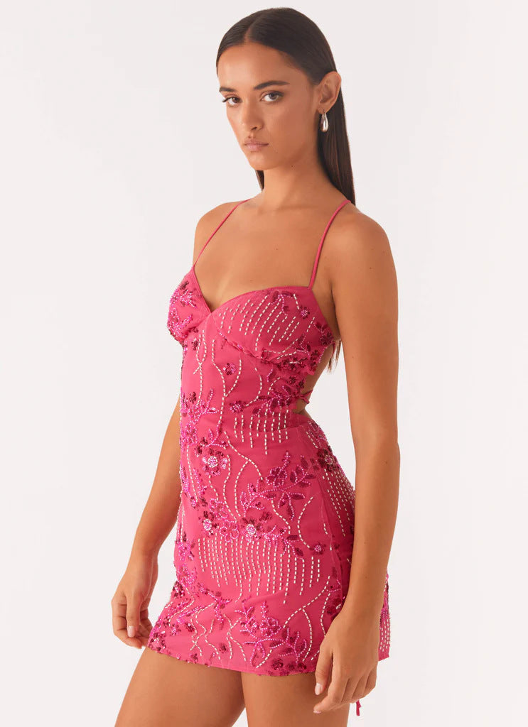 Women Clothing Sequined Embroidered Dress Sexy Backless Spaghetti Straps Dress Wome Summer Bella Mia
