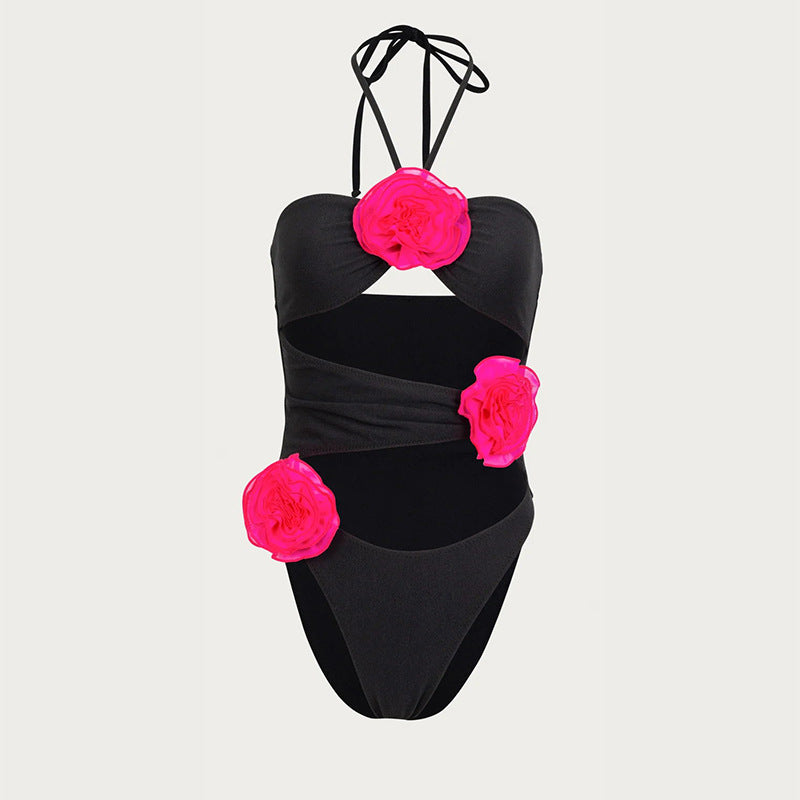 Sexy Solid Color Halter Tether Three Dimensional Floral Design One Piece Swimsuit Swimwear Bella Mia