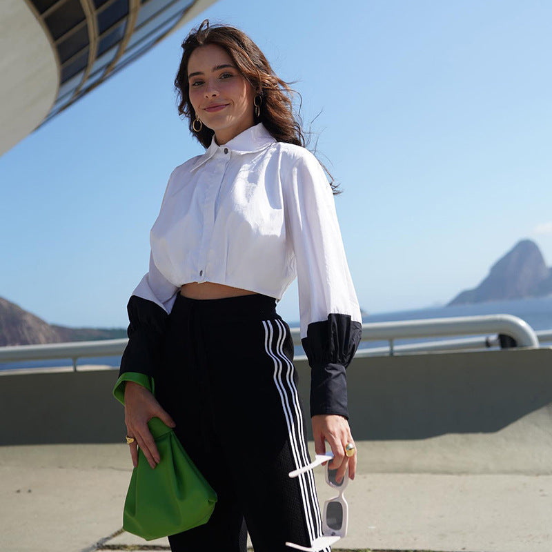 Women Clothing Autumn Polo Collar Stitching Contrast Color Long Sleeves cropped Cardigan Shirt Bella Mia