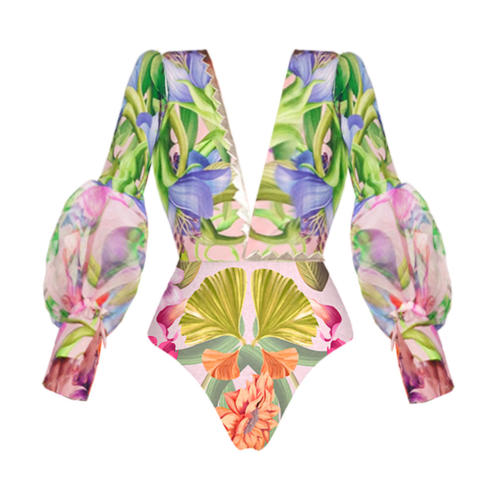 V Neck Bubble Long Sleeve Printed One Piece Swimsuit Women Bella Mia