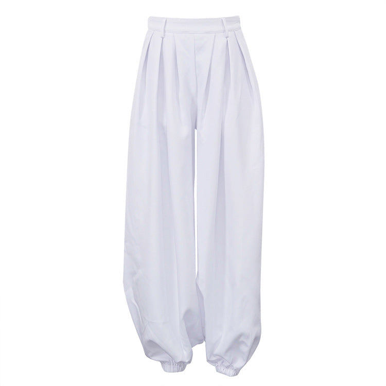 Women Clothing Simple All Match Loose Fit Tappered Trousers Pleated High Waist White Casual Pants Bella Mia