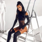Women Clothing Tight Long Sleeve Sexy Cold Shoulder Mesh Stitching See through Sexy L Jumpsuit Thin Women Bella Mia