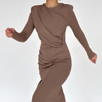 Spring Hip Slim Pleated Dress Solid Color round Neck Long Sleeve Split Hollow Out Cutout Dress Women Bella Mia