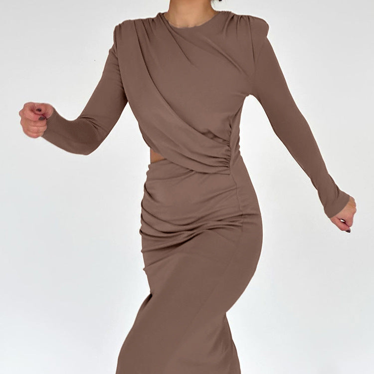 Spring Hip Slim Pleated Dress Solid Color round Neck Long Sleeve Split Hollow Out Cutout Dress Women Bella Mia