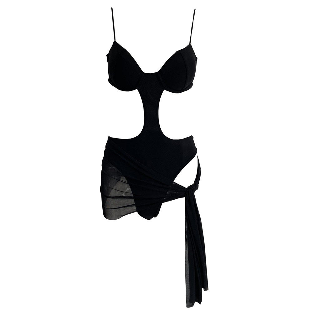 One Piece Solid Color Backless Sexy Slim Mesh Transparent One Piece Swimsuits Set Bella Mia
