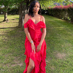Women Clothing Solid Color Dress Sexy Spaghetti Straps Sleeveless Ruffled Irregular Asymmetric Maxi Dress Bella Mia