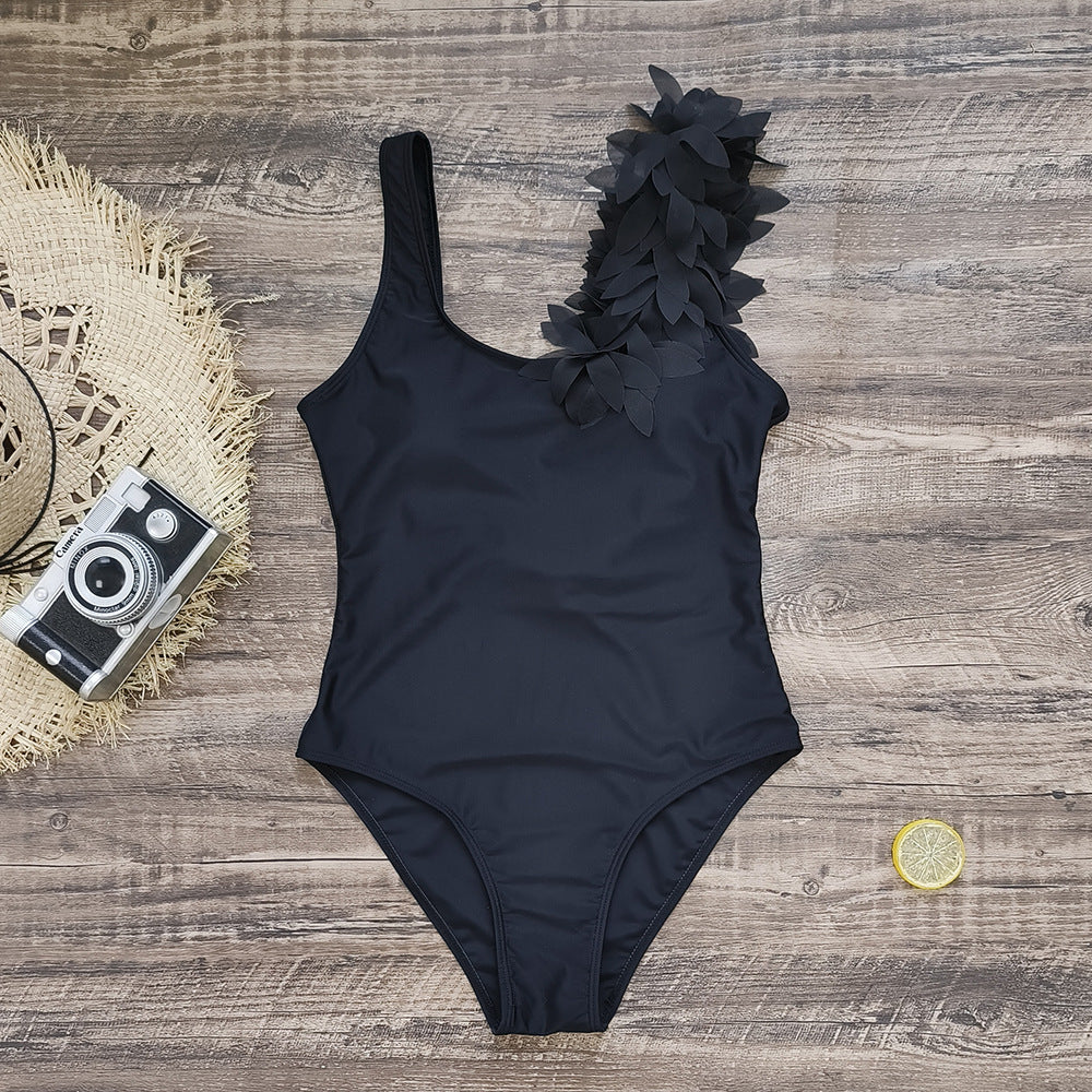 Pure Black Spaghetti Straps Sleeveless One-Piece Swimsuit Women Mesh Flying Edge One Piece Swimsuit Bella Mia