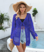 Women Beach Vacation Blouse Women Woven Lace Up Cardigan Long Sleeve Sun Protection Coat Bikini Cover Up Bella Mia