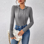 Autumn Knitted Emerized Sunken Stripe Hooded Solid Color Jumpsuit Bella Mia