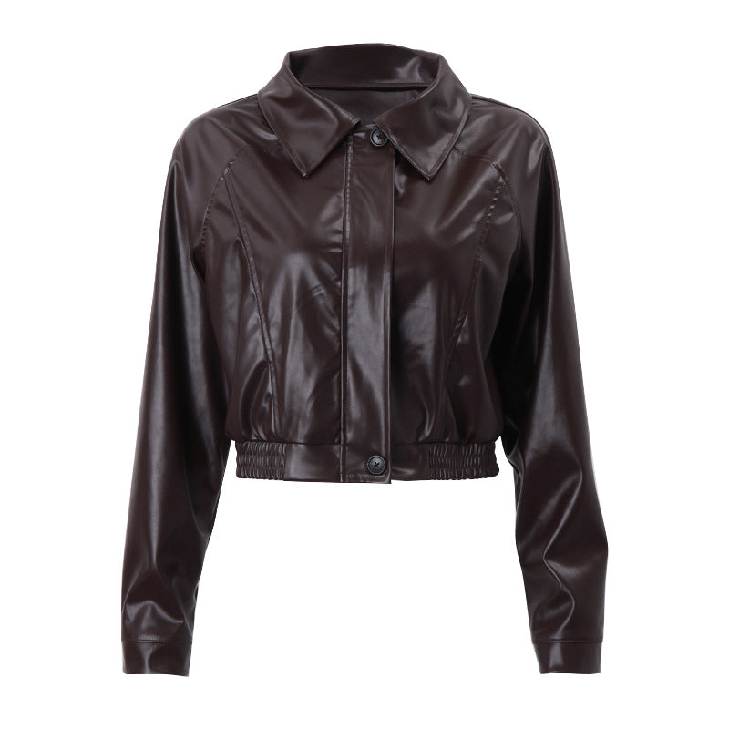 Women Clothing Autumn Retro Collared Zipper Faux Leather Casual Jacket Coat Bella Mia