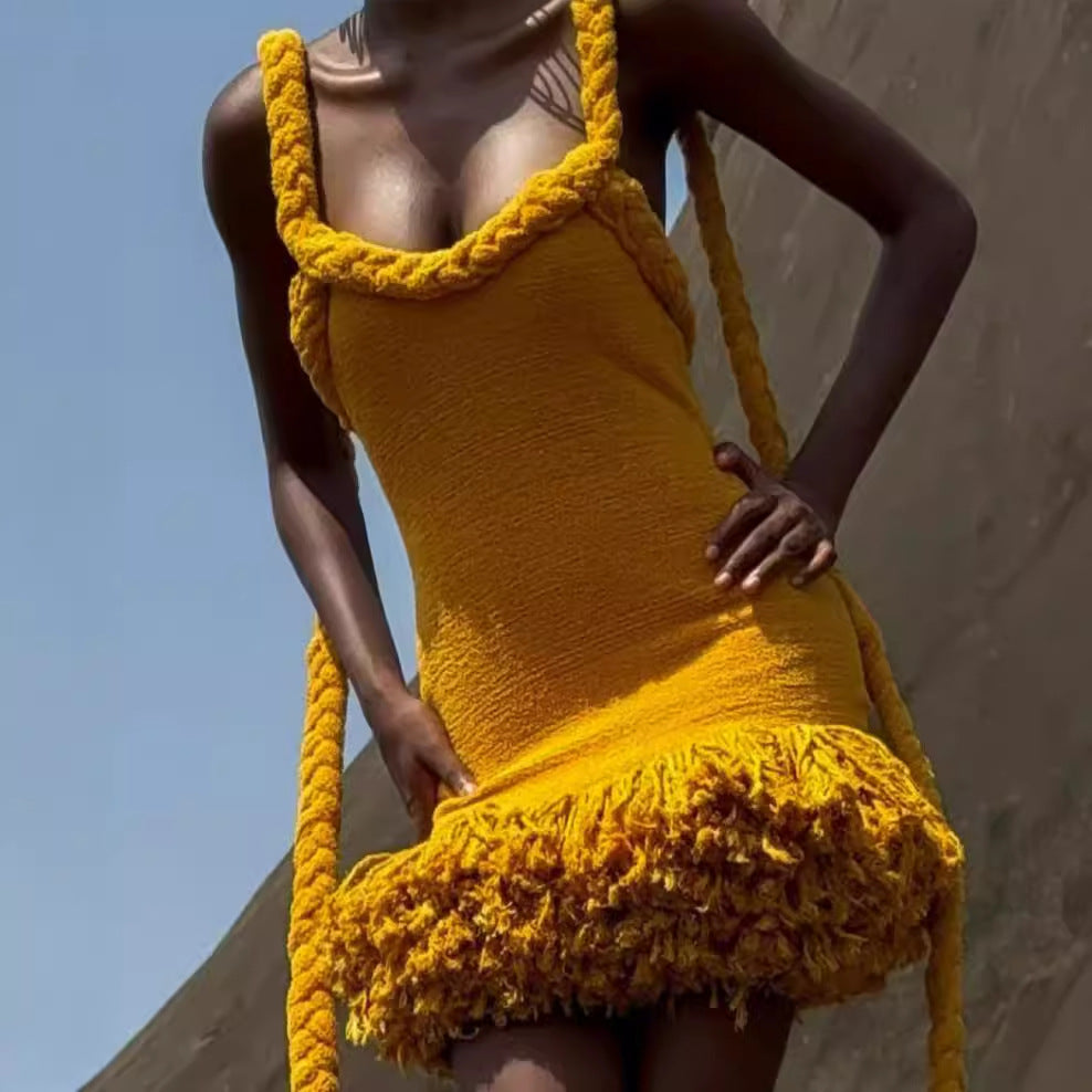 Autumn Winter Hand Woven Twine Rope Shoulder Strap Tassel Dress Swing Short Dress Bella Mia