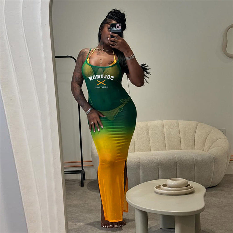 Spring Women Clothing Unique Gradient Contrast Color Letter Graphic Printing Slim Sexy Mesh Dress Women Bella Mia