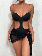 One Piece Solid Color Backless Sexy Slim Mesh Transparent One Piece Swimsuits Set Bella Mia