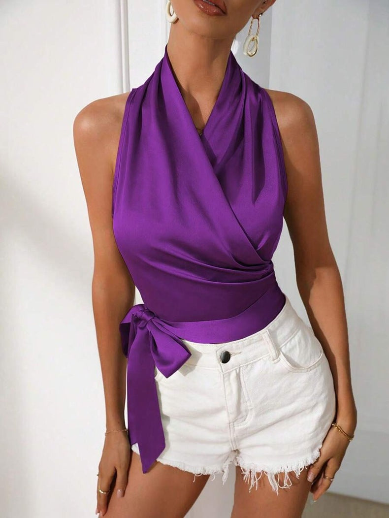 Women Clothing Satin Shirt Women Spring Summer Halter Sexy Lacing Side Wrap Sleeveless Shirt Top Bella Mia