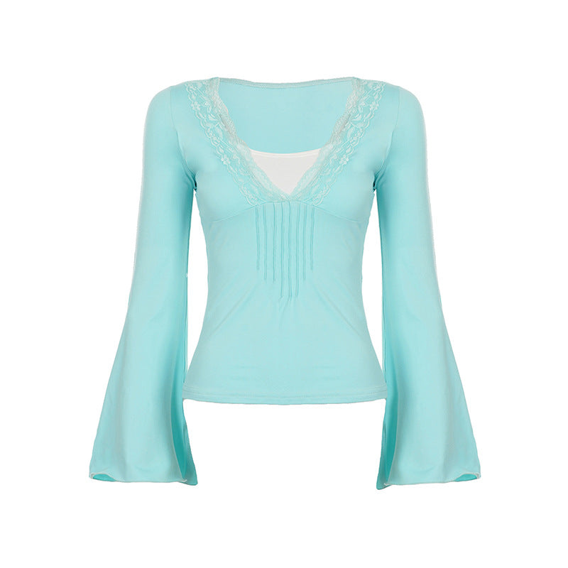 Retro Lace V neck Patchwork Split Faux Two Pieces Flare Sleeve T shirt Millennium Sexy Waist Controlled Top