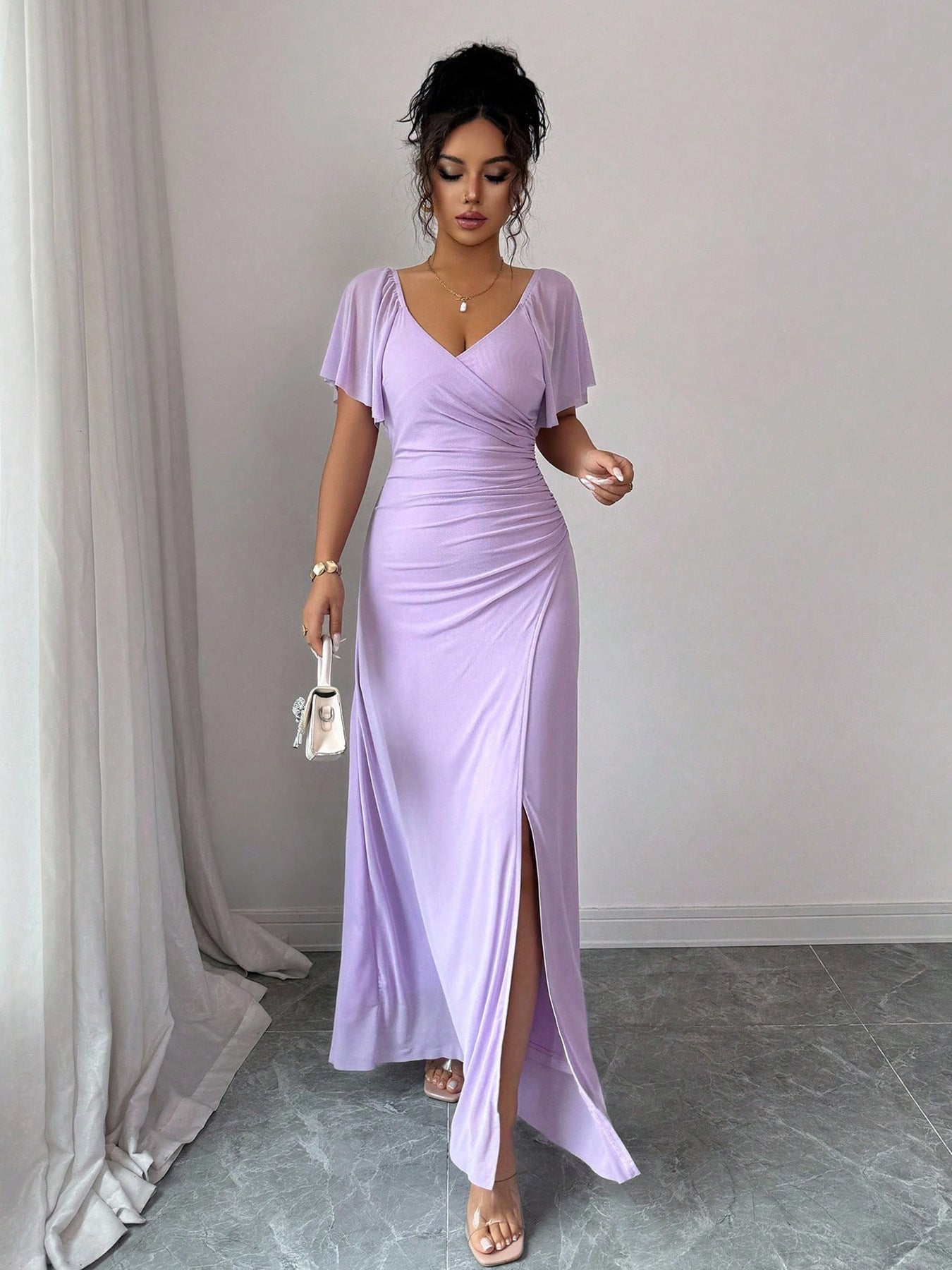 Women Elastic Net V Neck Patchwork Flying Sleeves Slit Evening Dress