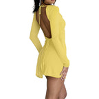 Women Clothing Sexy Backless Lace Up Split Long Sleeve Swing Collar Dress Bella Mia