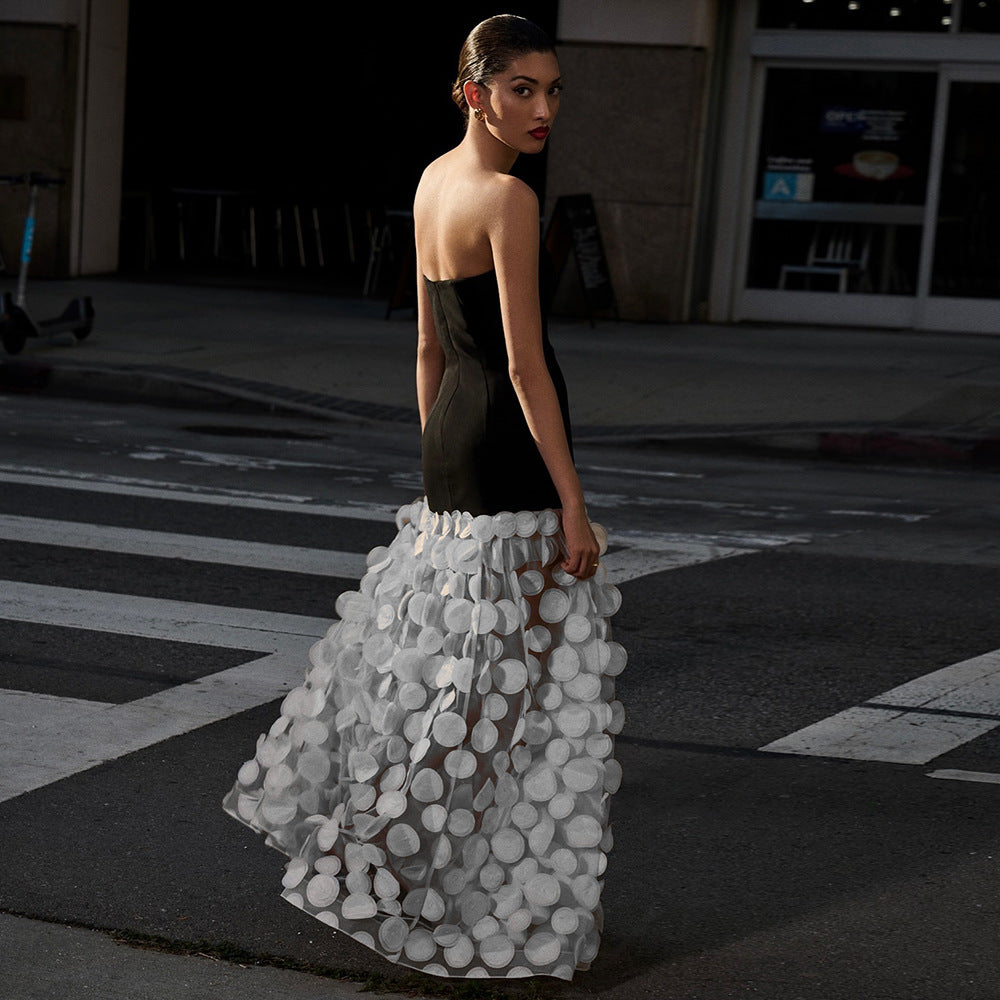 Spring Summer Black White Tube Top Dress Three Dimensional Floral Pettiskirt Dinner Wedding Dress Host Dress