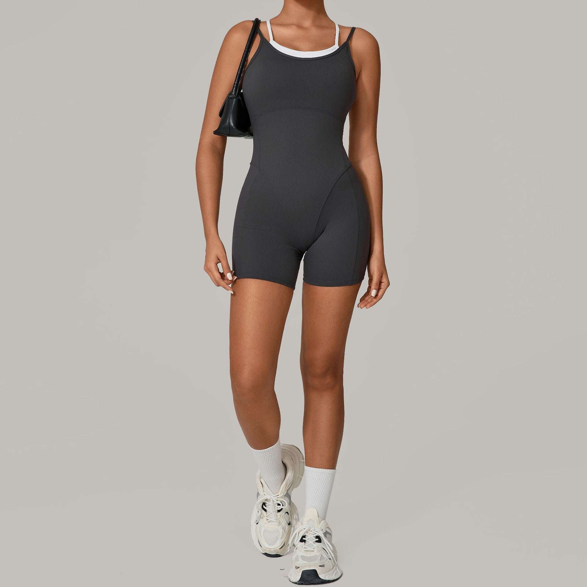 Autumn Sand Faux Two Piece Contrast Color Sling Sports Jumpsuit One Piece Yoga Clothes Backless Outdoor Fitness One Piece Bella Mia