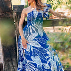 One Shoulder Bubble Sleeve Printed One Piece Swimsuit Women Bella Mia