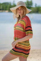 Knitted Color Stripes Beach Cover-up Sexy Hollow Out Cutout Vacation Sun Protection Shirt Bikini Swimsuit Blouse Bella Mia
