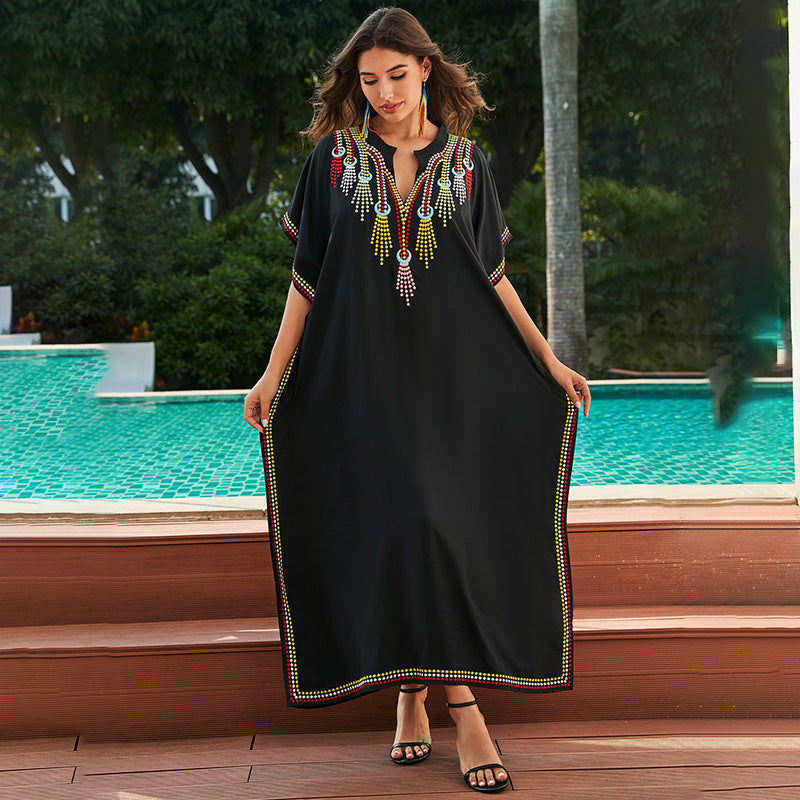 Rayon Embroidered Beach Outerwar Maxi Dress Women Loose Embroidered Casual Vacation Dress Beach Cover Up