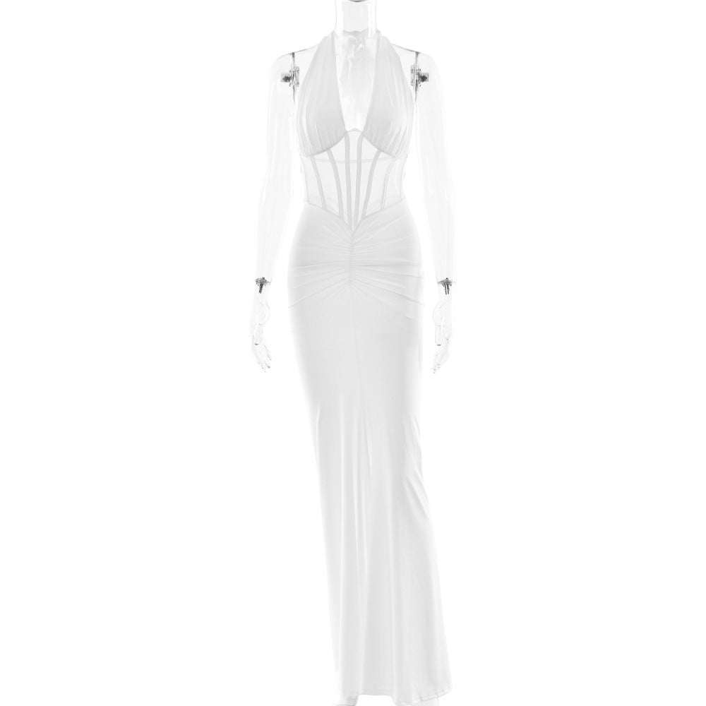 Elegant Women Lace up Maxi Dress Sexy Backless Pleated Sheath Dress Bella Mia