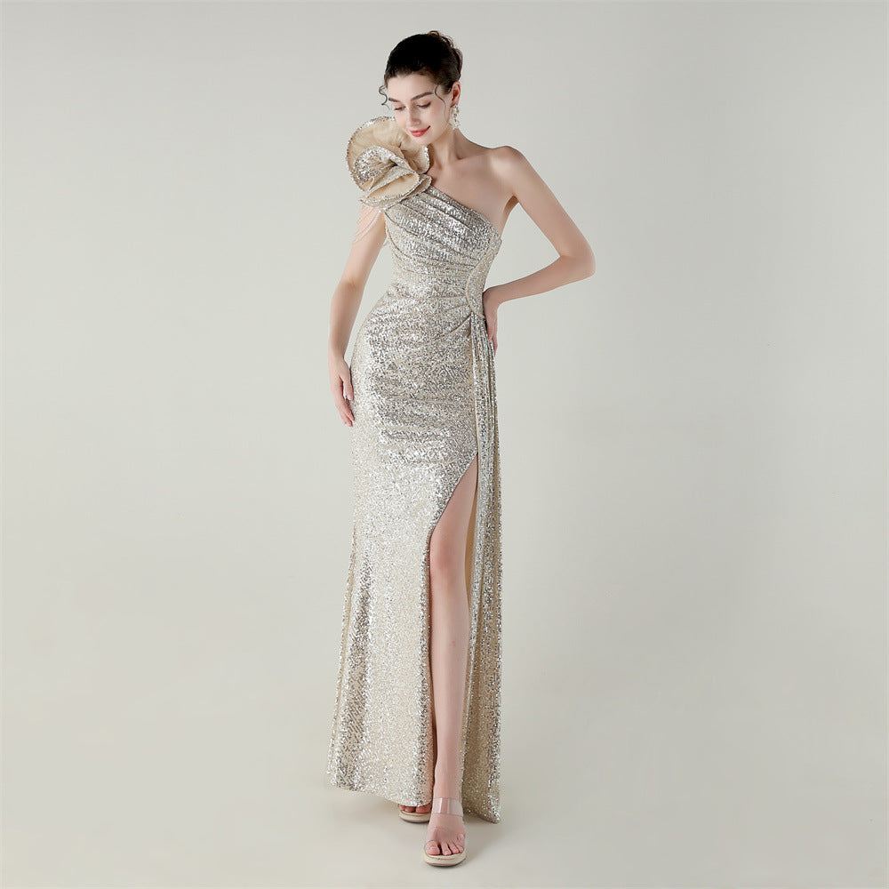 Craft Floral Beaded One Shoulder Diagonal Collar Fishtail Evening Dress Dinner Wedding Awards Ceremony Social Dress Bella Mia