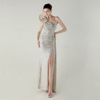 Craft Floral Beaded One Shoulder Diagonal Collar Fishtail Evening Dress Dinner Wedding Awards Ceremony Social Dress Bella Mia