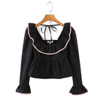 Summer Wind Women Solid Color Long Sleeve Ruffled Shirt Bella Mia