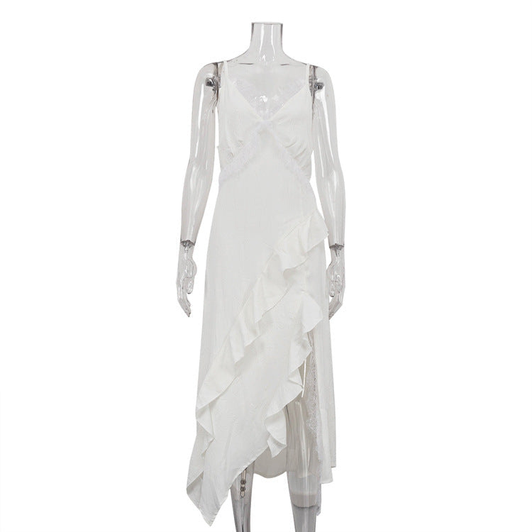 French Design Irregular Asymmetric Hem Backless Sexy Dress Women Lace Stitching Sleeveless Cami Dress Bella Mia
