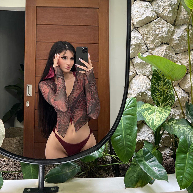 Summer Beach Sun Protection Sexy Mesh Floral Print Wooden Ear Sheer Long Sleeve With Finger Stall Cropped Top Bella Mia