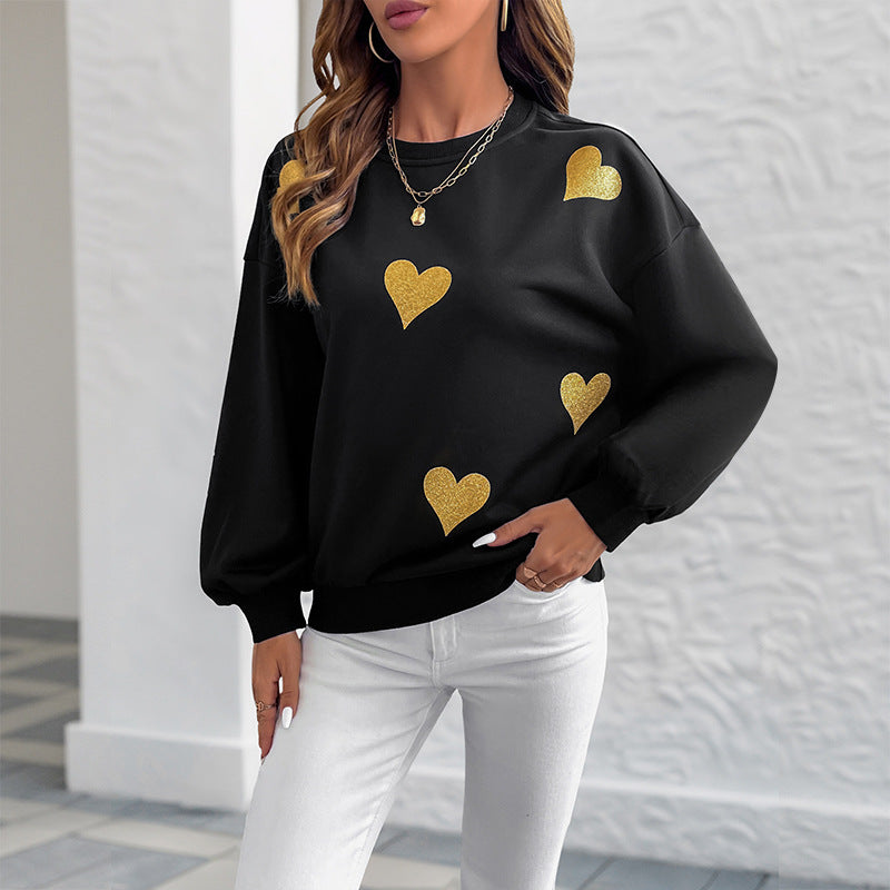Autumn Romantic Sweet Heart Printing Loose round Neck Long Sleeve Sweatshirts