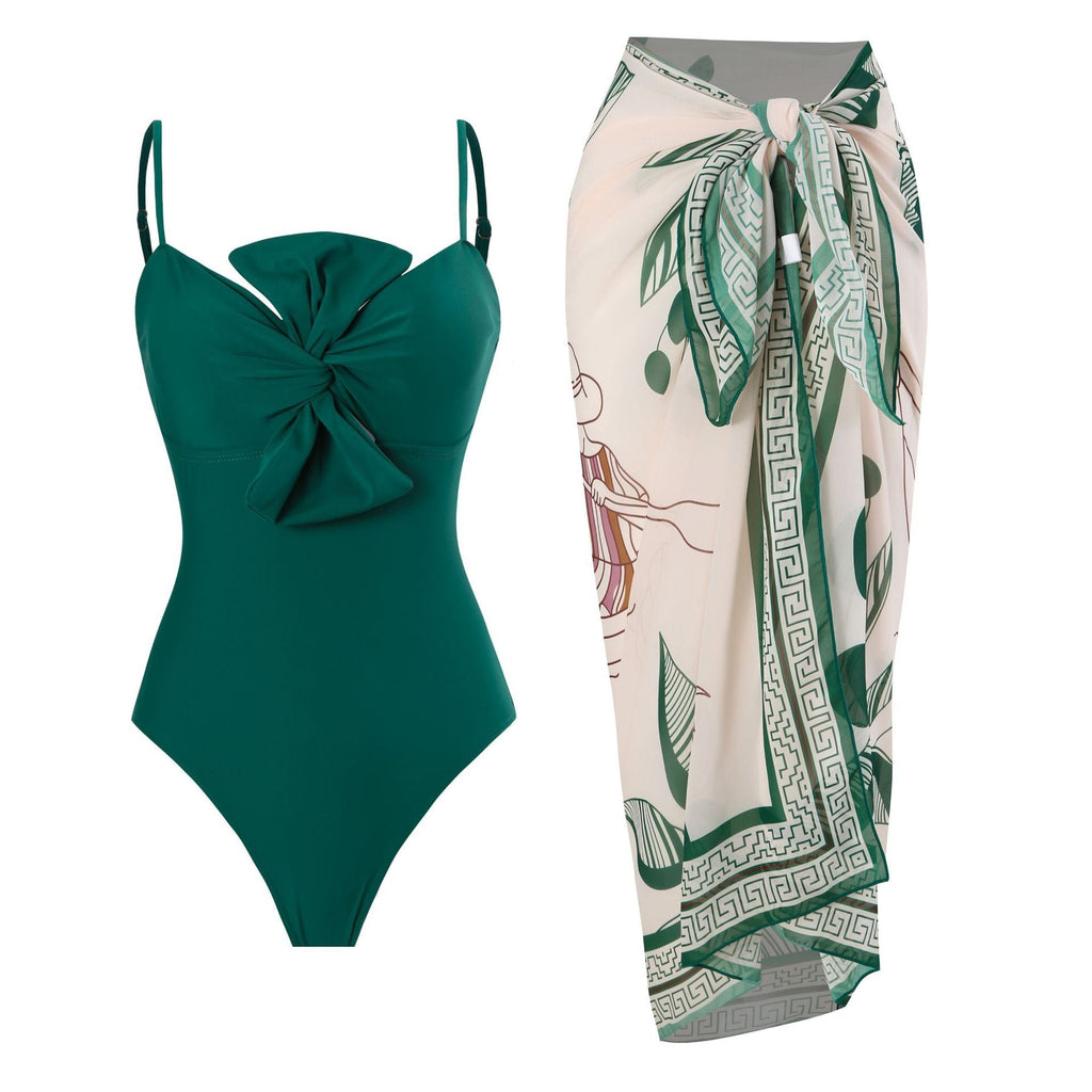 Bow Solid Color One Piece Women Swimwear Suit French Retro Cover Belly Slimming Swimsuit Bella Mia