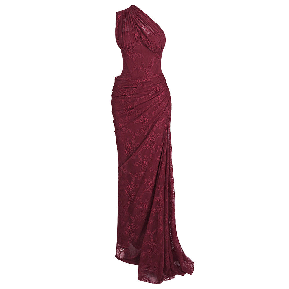 Women Sexy Deep V Plunge Neck Backless Hip Hugging Burgundy Dress Lace Pleated Fishtail Dress