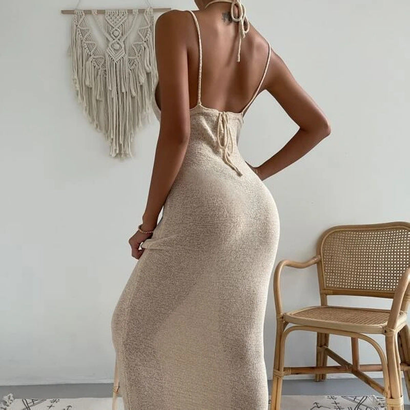 Women Clothes Sexy Sexy Cutout Lace Up Halter Spaghetti Straps Stitching Dress Maxi Dress Women Bella Mia