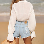 Beach Cover Up Sun Protection Front Lace Up Slub Cotton Shirt Long Sleeve Beach Sun Protection Shirt Women Bella Mia
