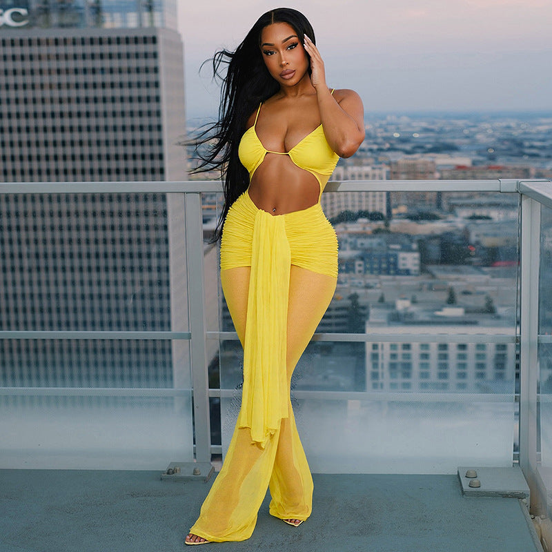 Women Clothing Spring Summer Halter Cropped Outfit Mesh Drawstring Sheer Cutout Ribbon Jumpsuit Bella Mia