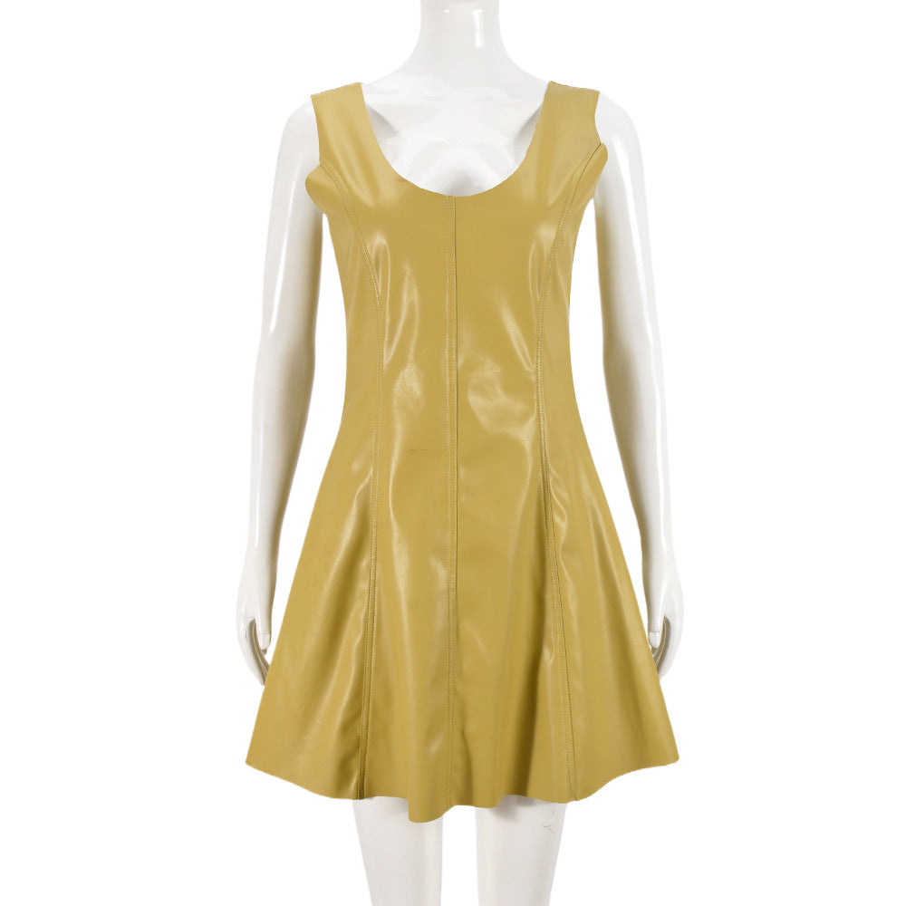 Faux Leather Women Clothing U Collar Sleeveless Sexy Patchwork Personality Dress Bella Mia